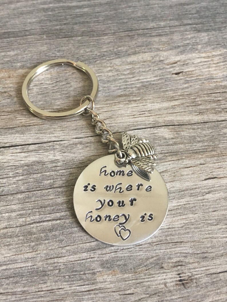bee keeper gift home is where your honey is hand stamped metal key chain with bee charm honey i love bees bee keeping