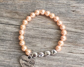 Personalized Flower Girl Pearl Bracelet, Pewter Name Beads, Kids Wedding Jewelry