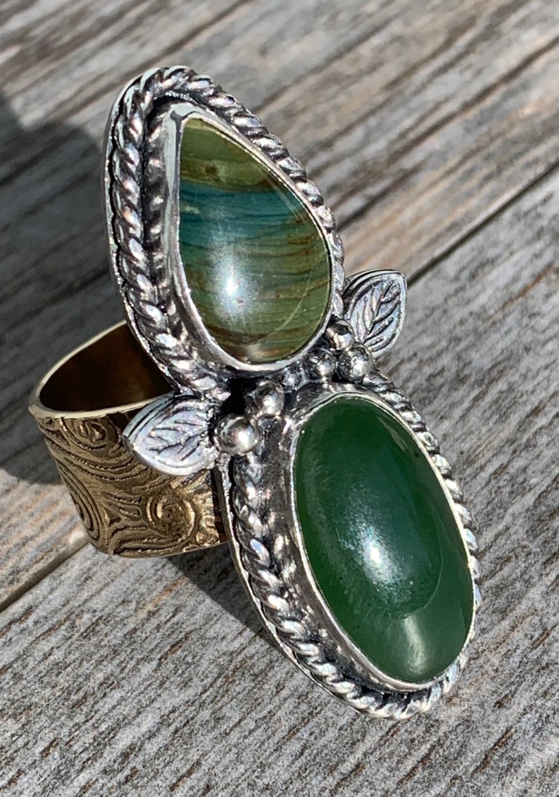 Sterling Silver and Brass Handmade Statement Ring Jade Etsy