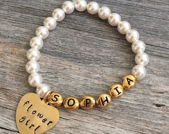 Personalized Flower Girl Pearl Bracelet, Gold Letter Beads