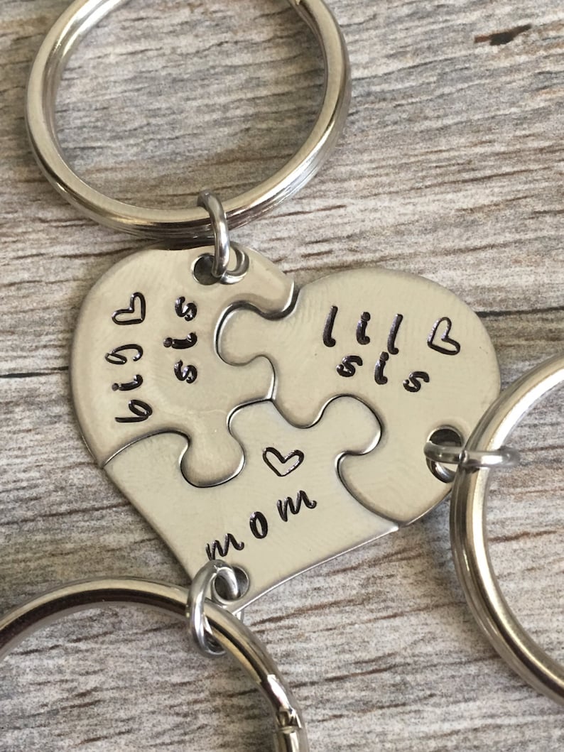 Gift For Mom, Gifts For Mom From Daughters, Mothers Day Gift, Personalized Mom Gift, Hand Stamped heart puzzle piece key chain set, mom image 6