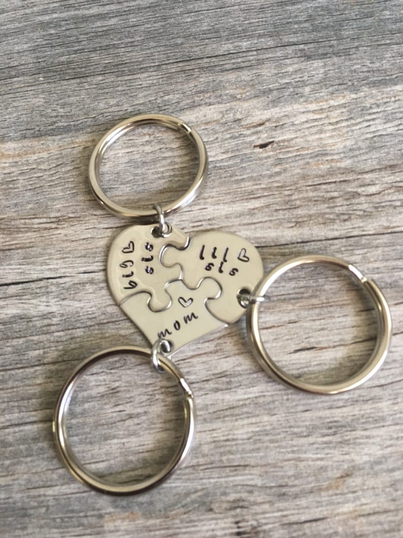 Gift For Mom, Gifts For Mom From Daughters, Mothers Day Gift, Personalized Mom Gift, Hand Stamped heart puzzle piece key chain set, mom image 8