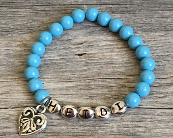 Personalized Kids Name Bracelet, Turquoise Pearl, Silver Letter Beads