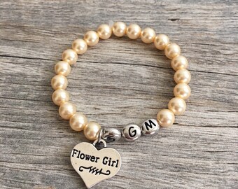 Personalized Flower Girl Pearl Bracelet, Wedding Gift