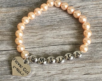 Personalized Flower Girl Pearl Bracelet, Custom Name, Wedding Jewelry