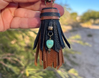 Brown and Black Leather Tassel with Turquoise Charms, Handmade Purse Charm Accessory, Leather Tassel for Handbag, Gift for Women