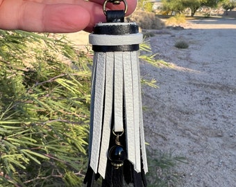 Bone White and Black Leather Tassel with Blue Tiger Eye Charm, Handmade Purse Charm Accessory, Leather Tassel for Handbag, Gift for Women