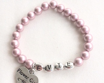 Pulsera de perlas personalizada para niña de las flores, rosa empolvado, regalo de boda