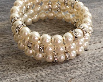 Ivory pearl wedding bracelet, wedding jewelry, pearl bridal bracelet, multi strand pearl bracelet, ivory pearl jewelry, cuff wrap bracelet