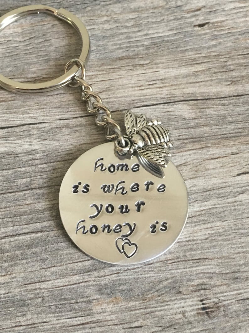 bee keeper gift home is where your honey is hand stamped metal key chain with bee charm honey i love bees bee keeping