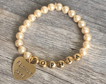 Personalized Flower Girl Pearl Bracelet, Gold Letter Beads
