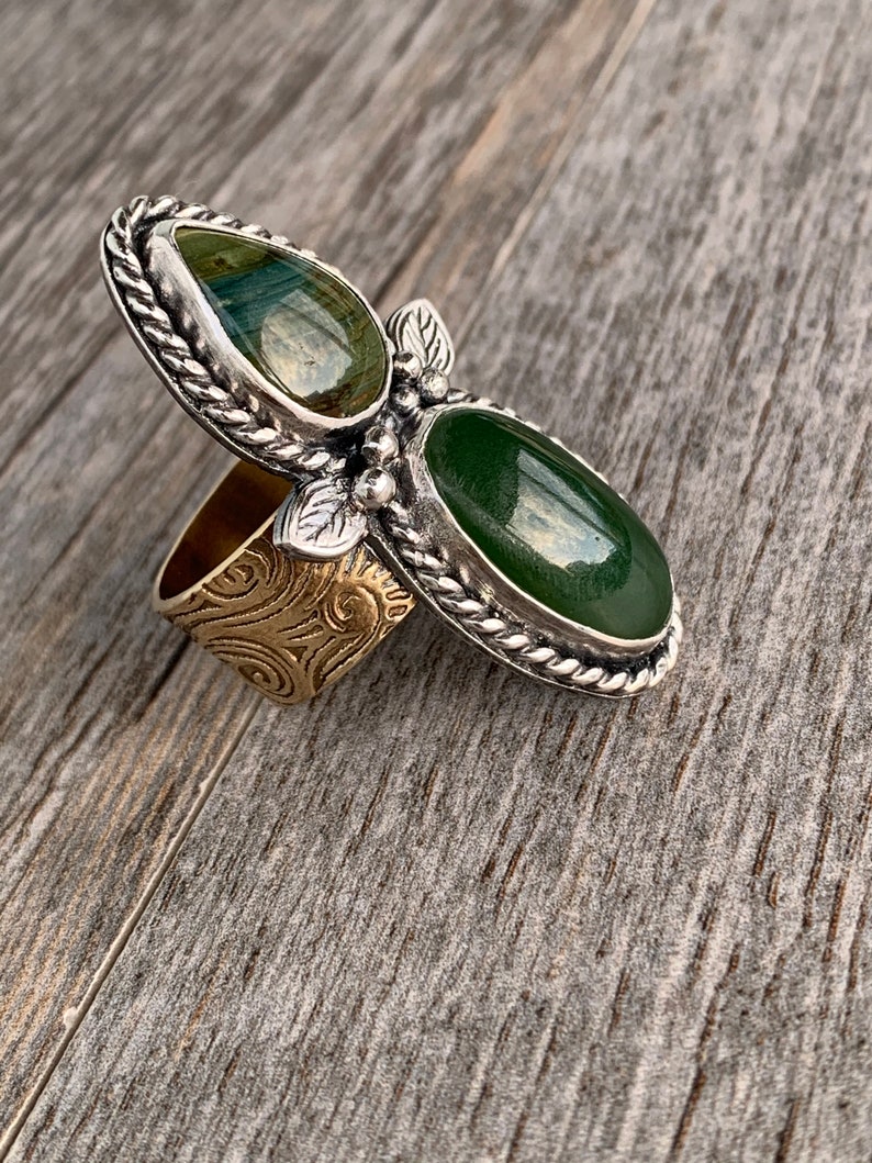 Sterling Silver and Brass Handmade Statement Ring Jade Etsy
