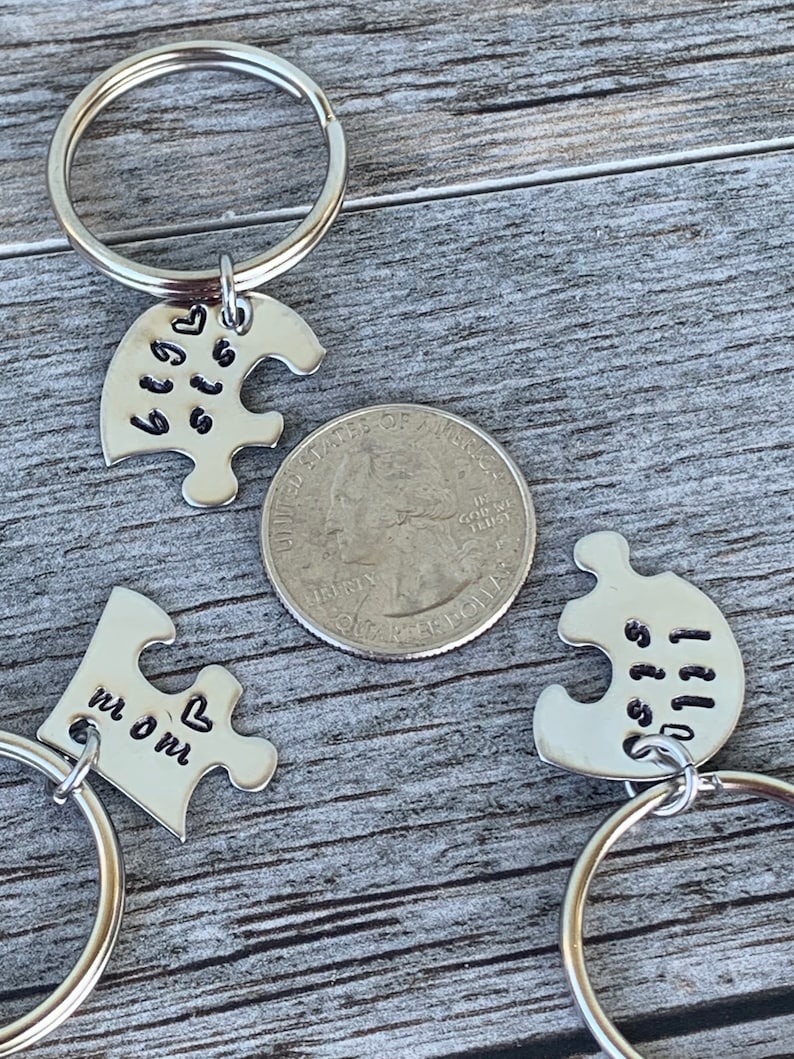 Gift For Mom, Gifts For Mom From Daughters, Mothers Day Gift, Personalized Mom Gift, Hand Stamped heart puzzle piece key chain set, mom image 4