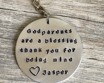Regalo per padrino/madrina con timbro a mano, portachiavi in metallo personalizzato