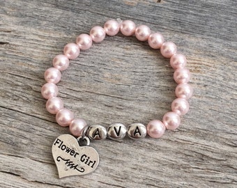 Personalized Flower Girl Pearl Bracelet, Custom Name Charm