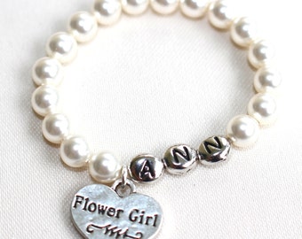 Personalized Pearl Flower Girl Bracelet, Kids Wedding Jewelry