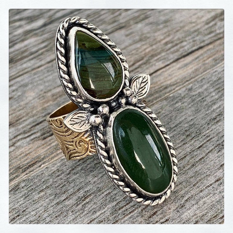 Sterling Silver and Brass Handmade Statement Ring Jade Etsy