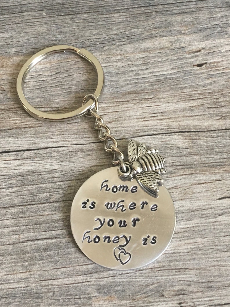 bee keeper gift home is where your honey is hand stamped metal key chain with bee charm honey i love bees bee keeping