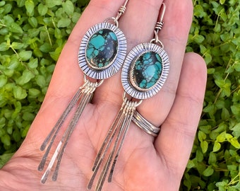 Handmade Sterling Silver Hubei Turquoise Dangle Fringe Earrings, Silversmith Jewelry, Handcrafted boho western cowgirl style, blue green