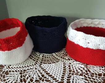 Crocheted Baskets in Red White and Blue Stripes