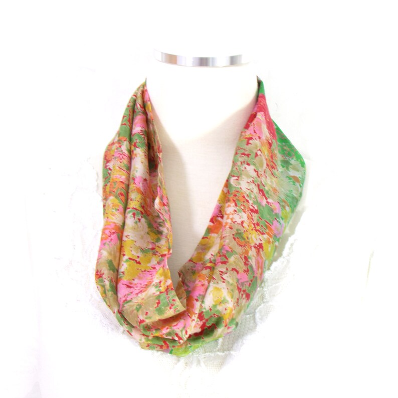 Floral Silk Scarf Pink Green Sari Silk Infinity Circle Etsy