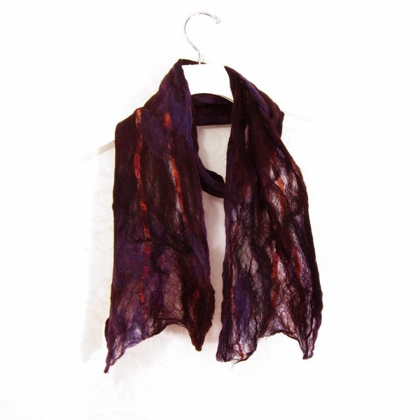 Cobweb Felted Scarf Wool Scarf Gift for Her Winter Scarf Winter Accessory Fall Scarf Womens Scarf Brown Scarf in Brown Purple Black OOAK