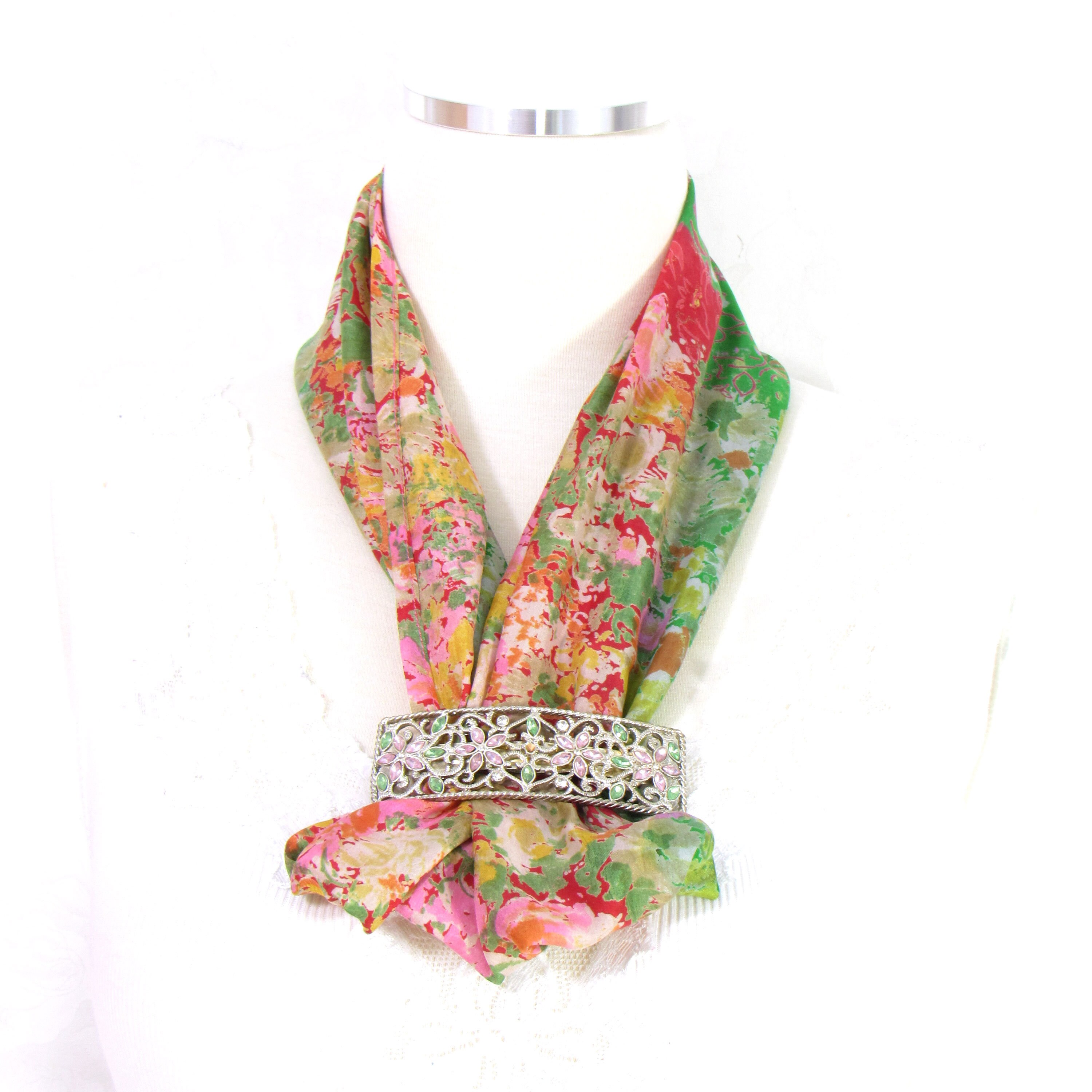 Floral Silk Scarf Pink Green Sari Silk Infinity Circle Etsy