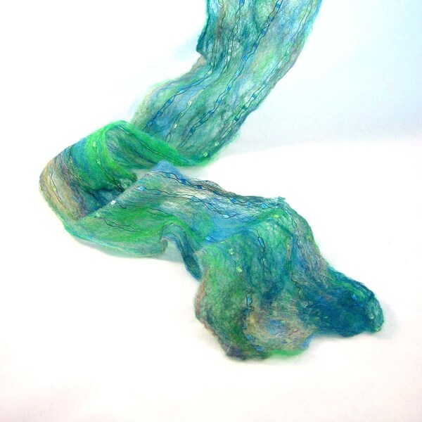 Cobweb Felt Scarf  in Bright Blue and Green with Embedded Ribbon