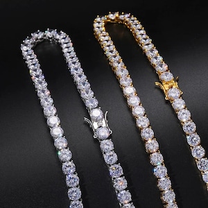 Tennisketting: Moissaniet-diamant, massief sterlingzilver, wit- en geelgoud verguld, ijsketting