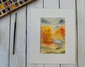 Watercolor wall art, Fall landscape painting