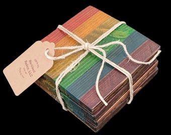 Set of 4 Stained Rainbow Wood Coasters
