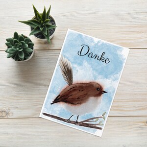 Oiseau peint à la main à l'aquarelle en guise de remerciement, carte de vœux faite à la main avec enveloppe, cadeau, carte de félicitations