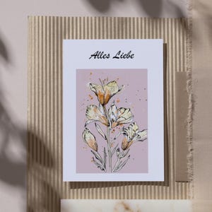 Karte "Alles Liebe" mit Lilienmotiv, handgemalt in Aquarell/Tusche, handgemachte Grußkarte mit Umschlag, perfekt als Geschenk zum Muttertag