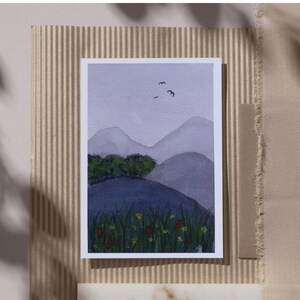Handgemalte Aquarellkarte mit Umschlag, handgemachte Gruß- oder Glückwunschkarte in Aquarell, Landschaft, Blumen, Geschenk, 100% handgemacht