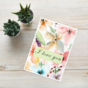 Greeting card &quot;I love you&quot;, flowers in watercolor, romantic card, love, Valentine&#39;s Day, anniversary, hand-painted motif, card including envelope