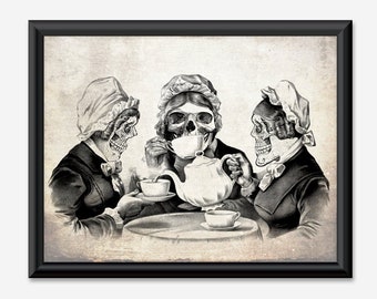 Skeleton Women Tea Party Halloween Skulls Vintage Victorian Gothic Home Party Kitchen Decor Teapot Creepy Primitive Rustic