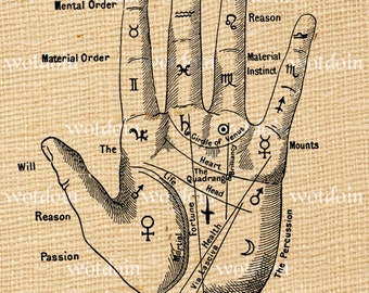 Fortune Teller Palmistry Hand Digital Image Transfer for Pillows Cards Notebooks Instant Download