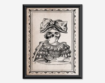 Lady Skeleton Tea Drinking Afterlife Tea Party Halloween Vintage Gothic Home Office Party Kitchen Decor Digital Art Print