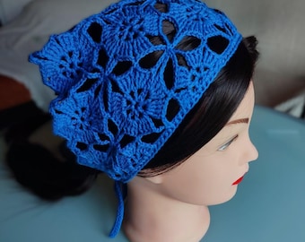 Handmade Crochet Bandana, Cotton Boho Headscarf Hair Wrap