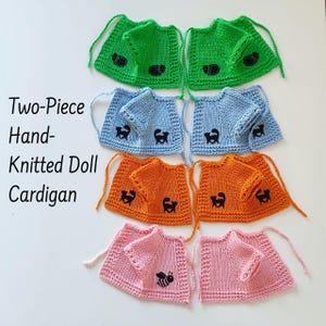 Zweiteilige Strickjacke für Puppen, Pullover mit Drucken für Puppen, Puppen-Strickjacke ist handgestrickt aus Baumwolle, Mix und Match-Puppen-Outfit
