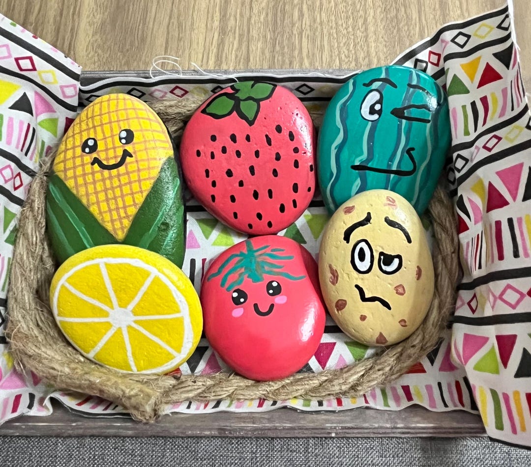 Set/6 Hand Painted Rocks Adorable Vegetables Fruits Kitchen Decor Pet ...