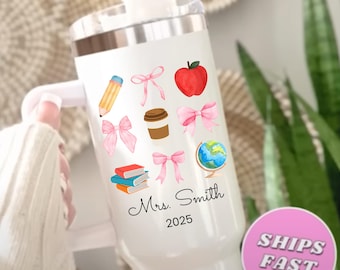 Personalized Teacher Tumbler: 40oz Insulated Travel Mug with Handle