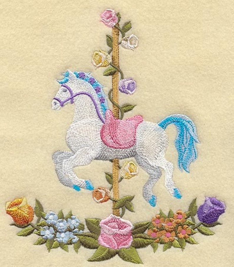 FANCY CAROUSEL HORSES Quilt Block Machine Embroidered Quilt Block AzEB image 1
