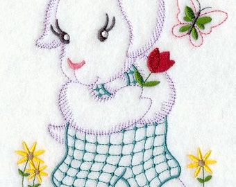 GOAT & FLOWERS (vintage) - Machine Embroidered Quilt Block (AzEB)