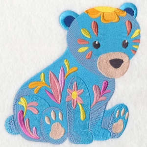 FLOWER POWER Baby BEAR - Machine Embroidered Quilt Block (AzEB)