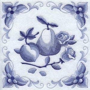 DELFT BLUE ROSES - Machine Embroidered Quilt Blocks (AzEB)