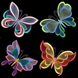 May include: Four embroidered butterflies in different colours and patterns. The butterflies are on a black background.