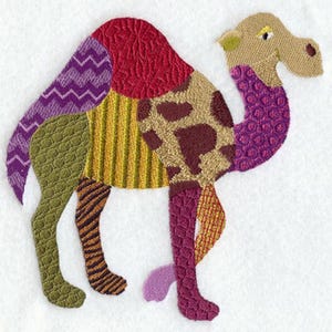 May include: A colorful patchwork camel with a purple, green, yellow, brown, and red design. The camel is standing on a white background.