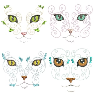 Puede incluir: Cuatro caras de gato bordadas diferentes con intrincados remolinos y detalles. Cada cara de gato tiene un esquema de color diferente, incluyendo verde, rosa, azul y marrón.