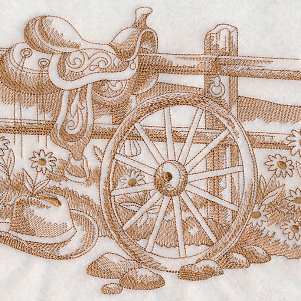 WAGON WHEEL SCENE (Toile) - Machine Embroidery Quilt Block (AzEB)